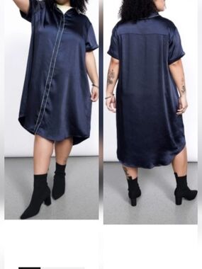 Wildfang Navy Satin Shirt Dress with High-Low Hem